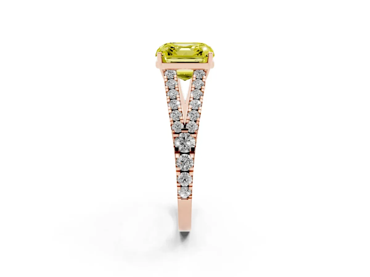 Fancy Yellow Asscher Cut Diamond Split Shank Pavé Engagement Ring with Four-Prong Setting Rose gold
