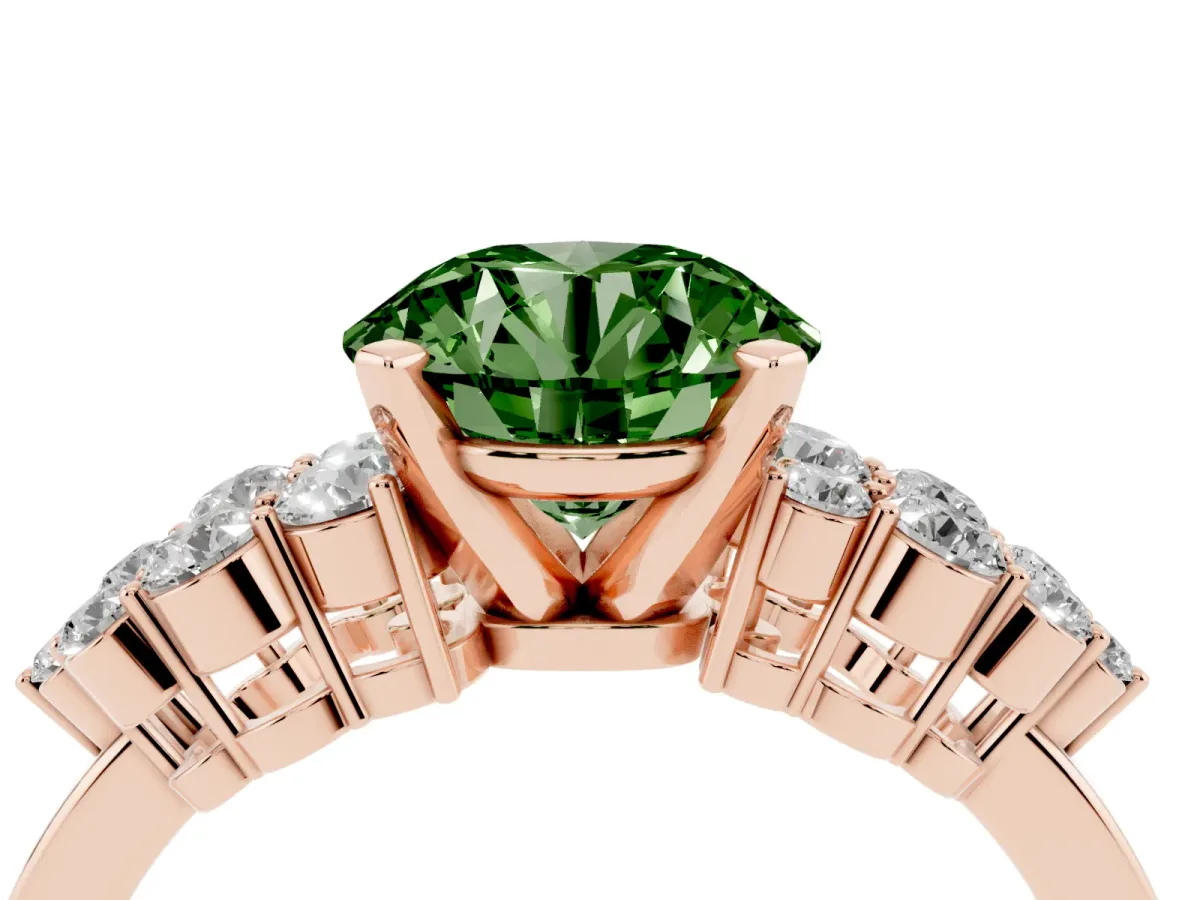 Fancy Green Round Cut Cluster Diamond Engagement Ring with Pavé Band and Four-Prong Setting Rose gold