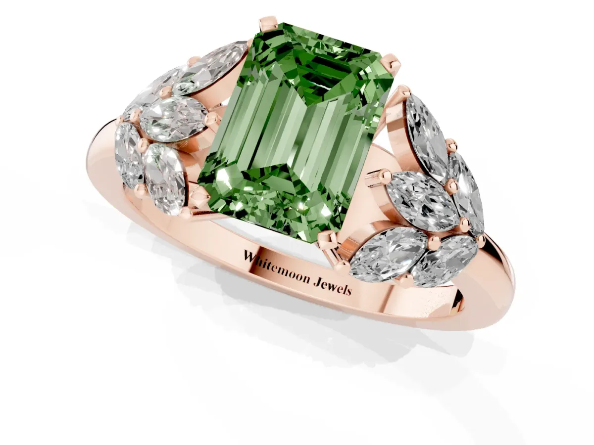 Fancy Green Emerald Cut Diamond Cluster Leaf Design Ring with Prong Setting Rose gold