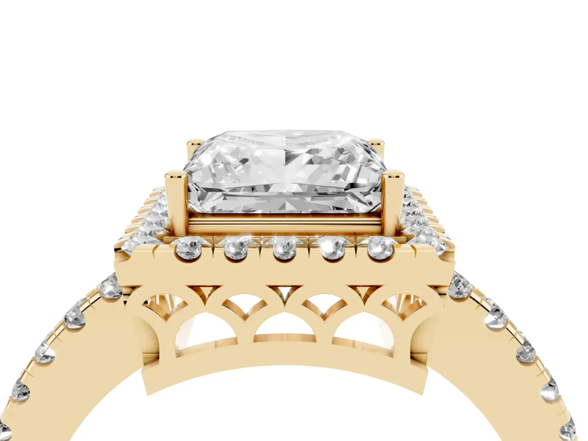 Princess Cut Halo Diamond Engagement Ring with Pavé Band and Four-Prong Setting Yellow gold