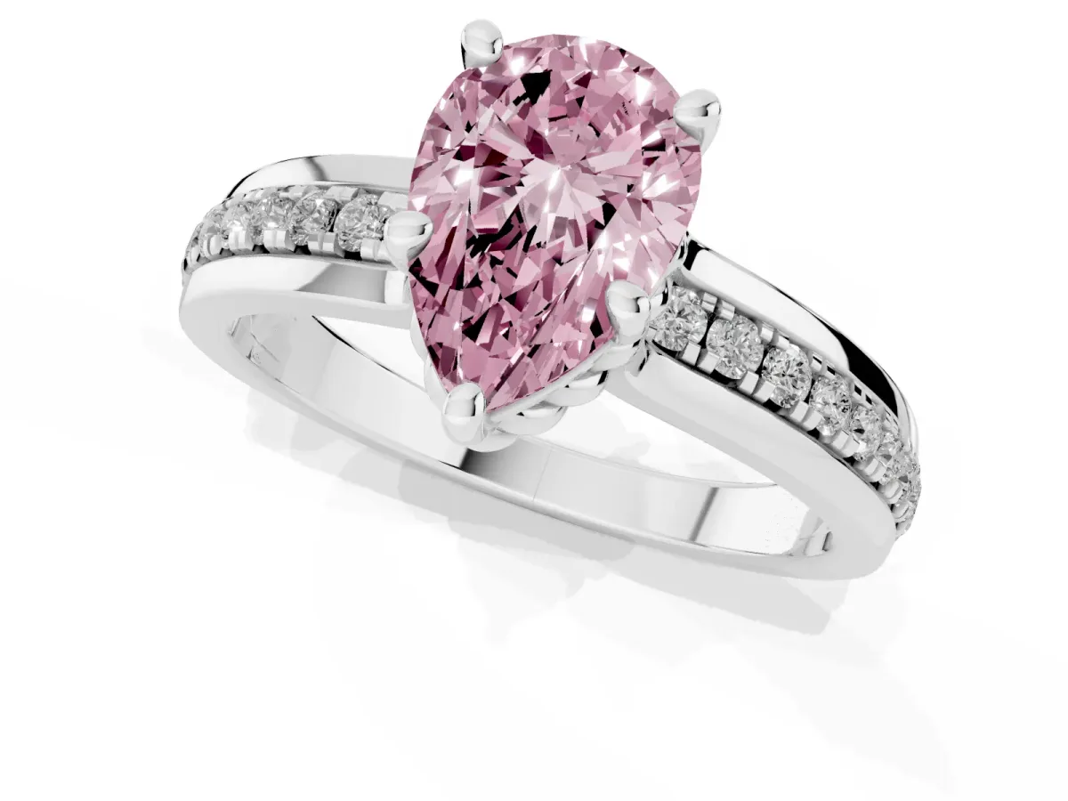 Fancy Pink Pear Cut Solitaire Diamond Ring with Channel Set Band and Six-Prong Setting Silver