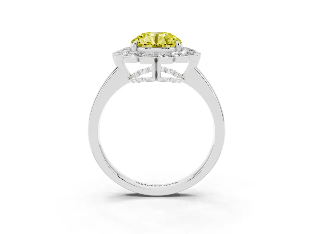 Fancy Yellow Round Cut Halo Cluster Diamond Engagement Ring with Solitaire Band and Prong Setting Platinum
