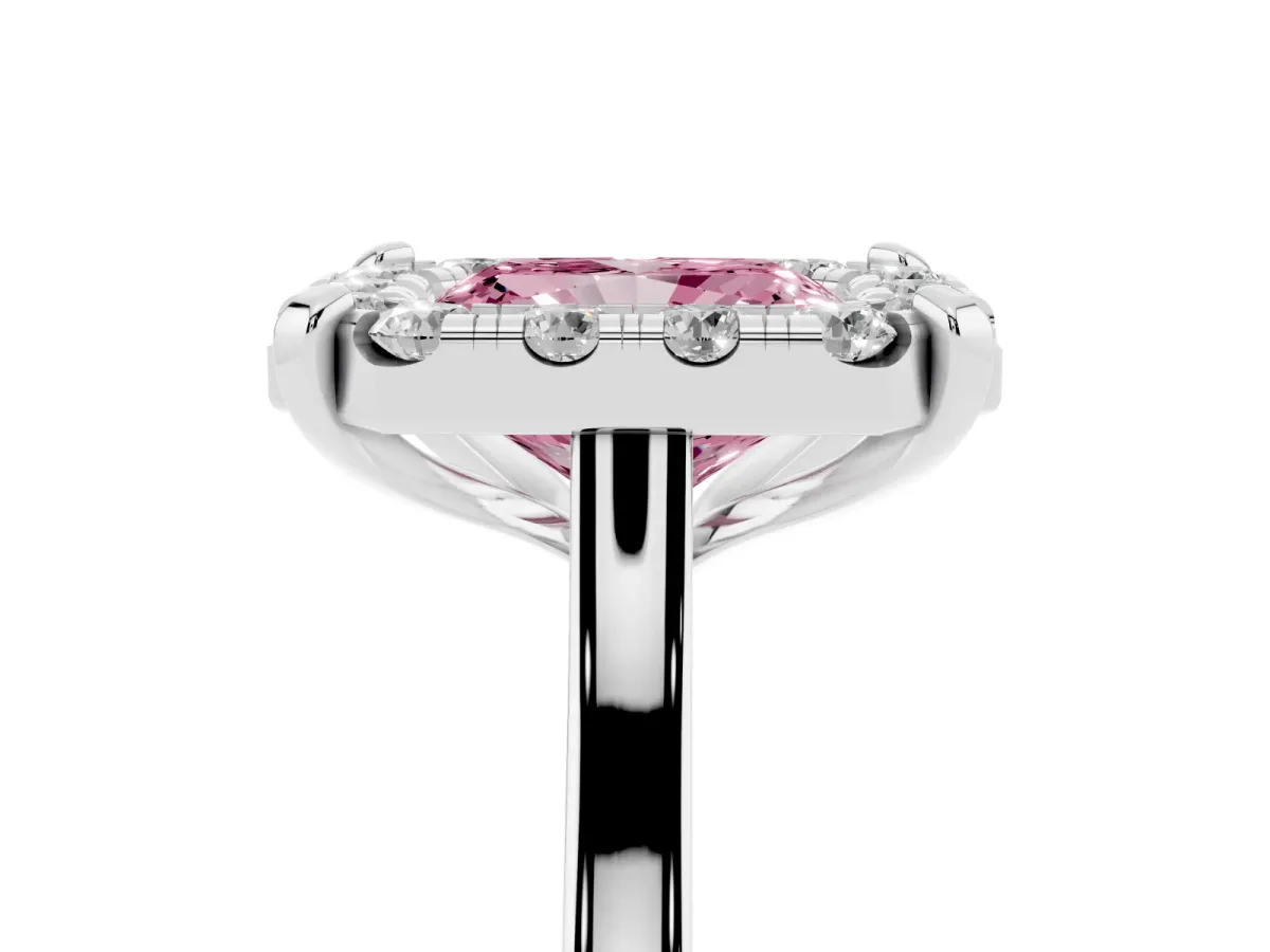 Fancy Pink Radiant Cut Diamond Cluster Halo Solitaire with Four-Prong Setting Silver
