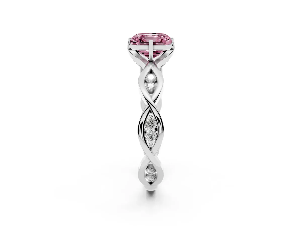 Fancy Pink Asscher Cut Solitaire Twist Band with Leaf Prong Setting Silver