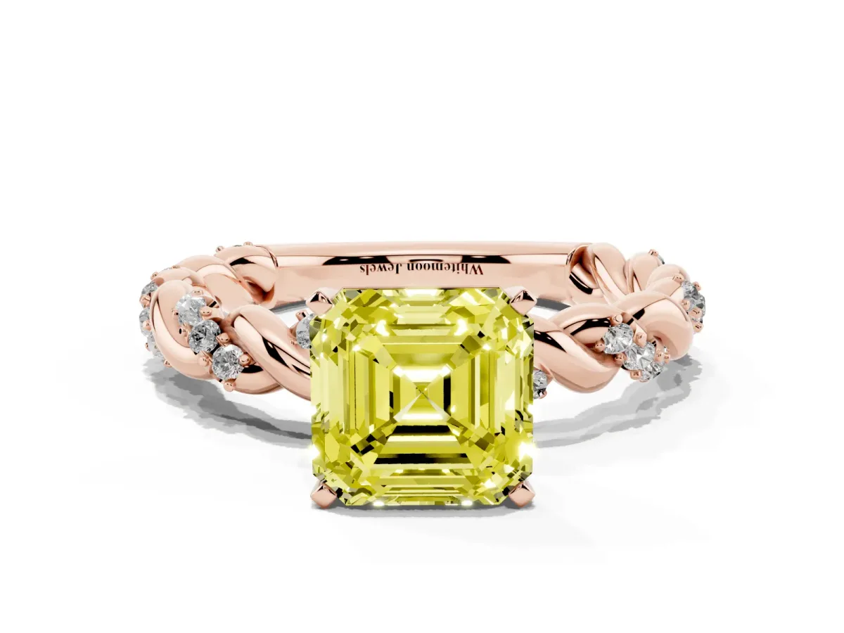 Fancy Yellow Asscher Cut Diamond Solitaire Ring with Twisted Band and Pavé Accents Rose gold