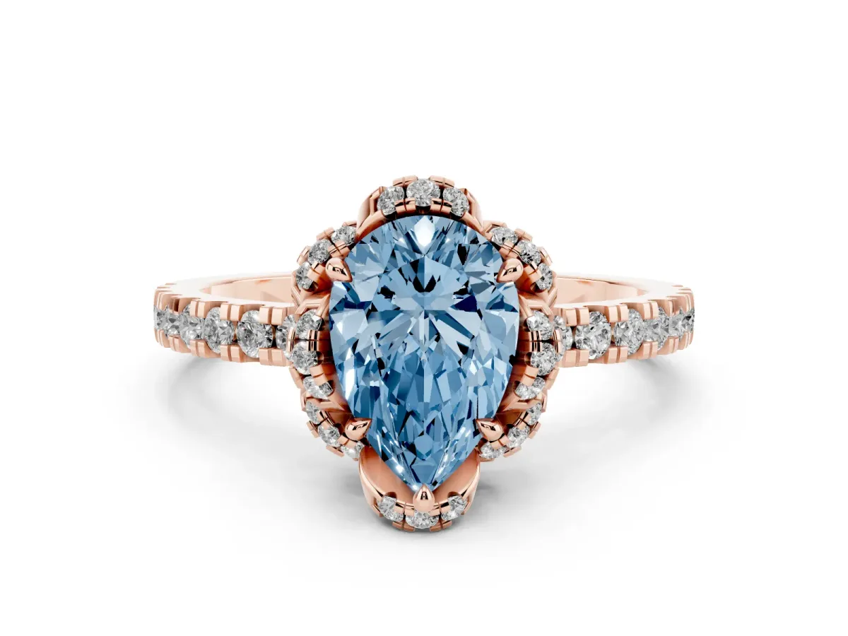 Fancy Blue Pear Cut Halo Diamond Pave Band Ring with Four-Prong Setting Rose gold