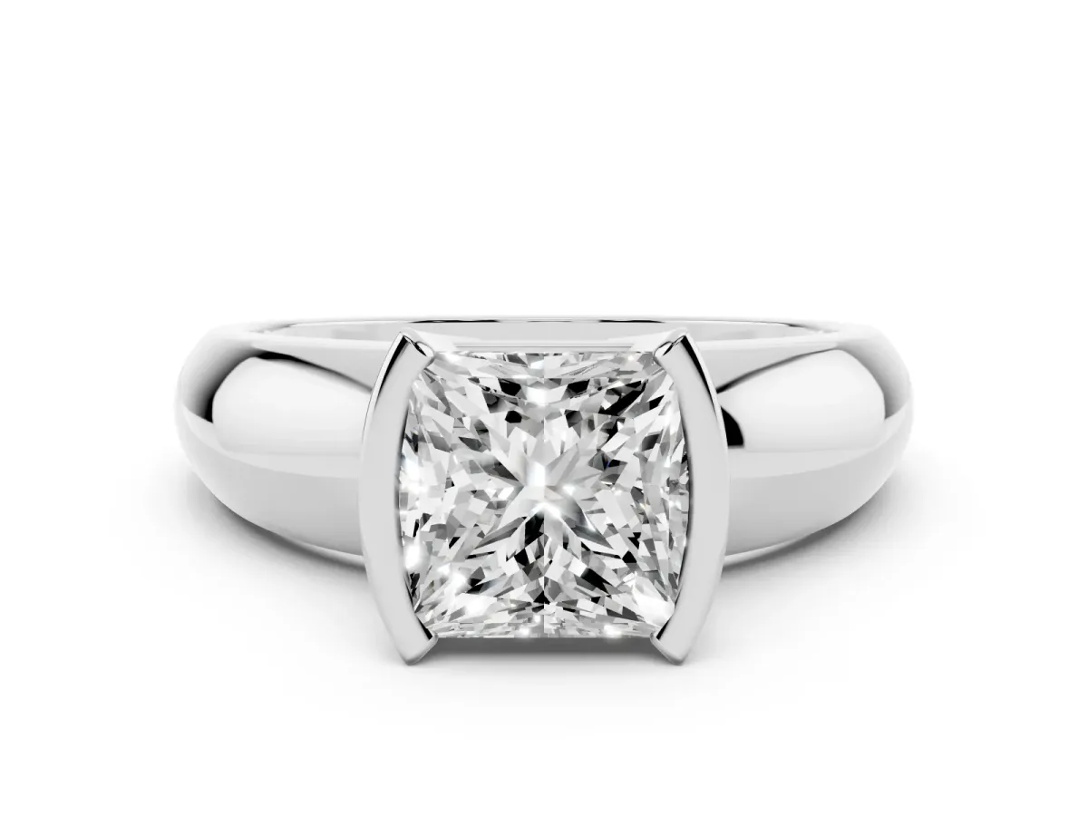 Princess Cut Solitaire Tension Set Diamond Ring with Wide Band Silver