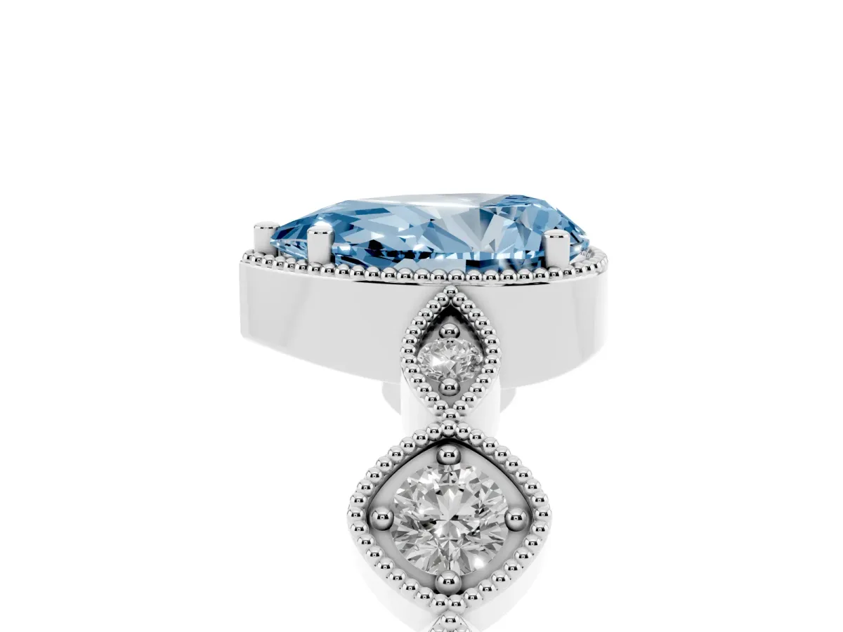 Fancy Blue Pear Cut Diamond Vintage Milgrain Ring with Round Stations White gold