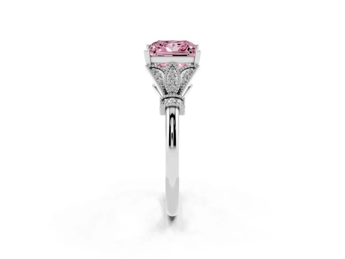 Fancy Pink Princess Cut Diamond Solitaire Ring with Floral Filigree and Pave Accents White gold