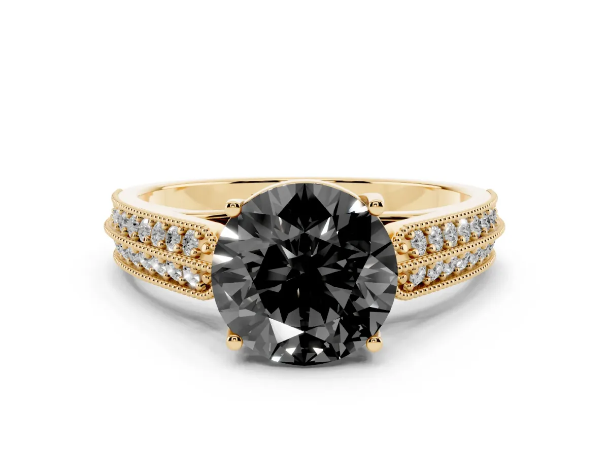 Fancy Black Round Cut Cut Pave Split Shank Engagement Ring with Four-Prong Setting Yellow gold