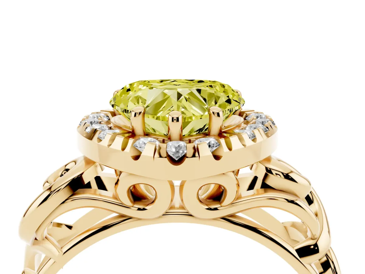 Fancy Yellow Heart Cut Cut Halo Diamond Ring with Scrollwork Band and Four-Prong Setting Yellow gold