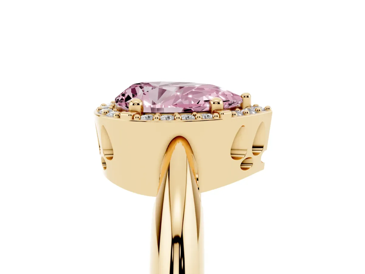 Fancy Pink Pear Cut Cut Diamond Halo Engagement Ring with Split Shank and Four-Prong Setting Yellow gold