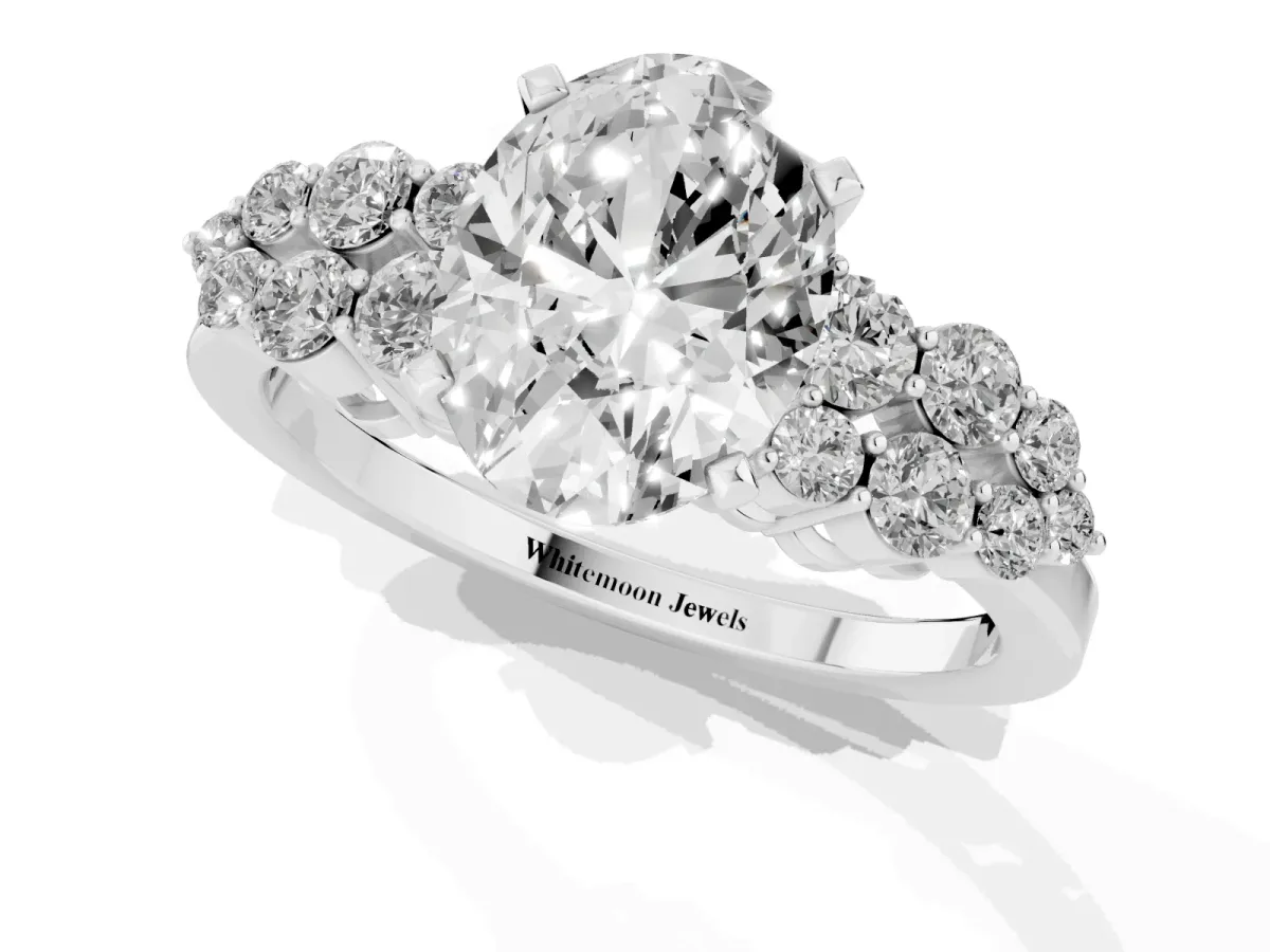 Oval Cut Cluster Diamond Engagement Ring with Pavé Band and Four-Prong Setting Silver