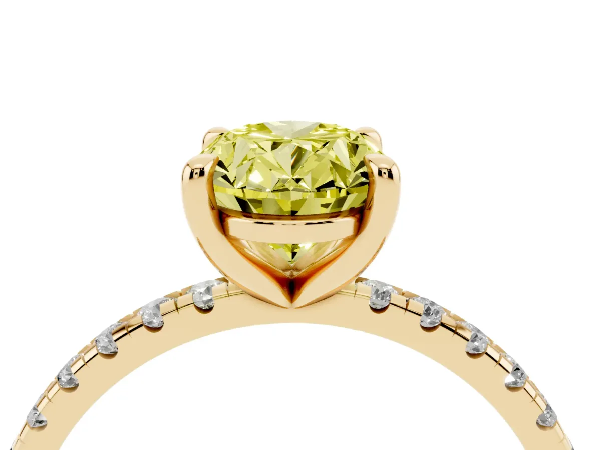Fancy Yellow Oval Cut Diamond Brilliant Solitaire Ring with Pavé Band and Four-Prong Setting Yellow gold