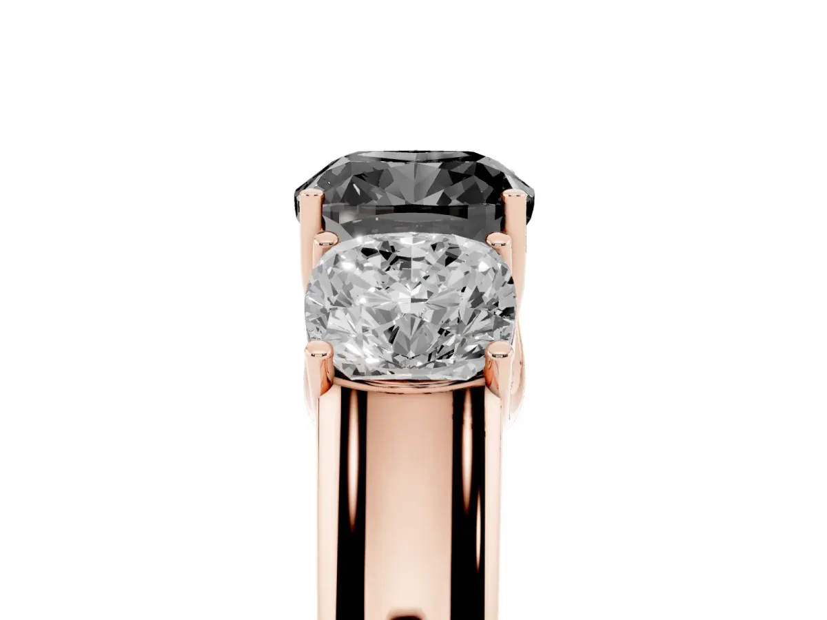 Fancy Black Three-Stone Cushion Cut Cut Diamond Ring with Prong Setting and Classic Band Rose gold