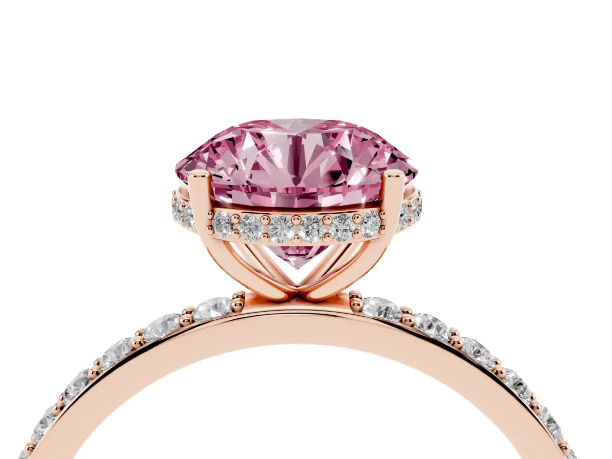 Fancy Pink Round Cut Diamond Solitaire Ring with Pavé Band and Hidden Halo Rose gold