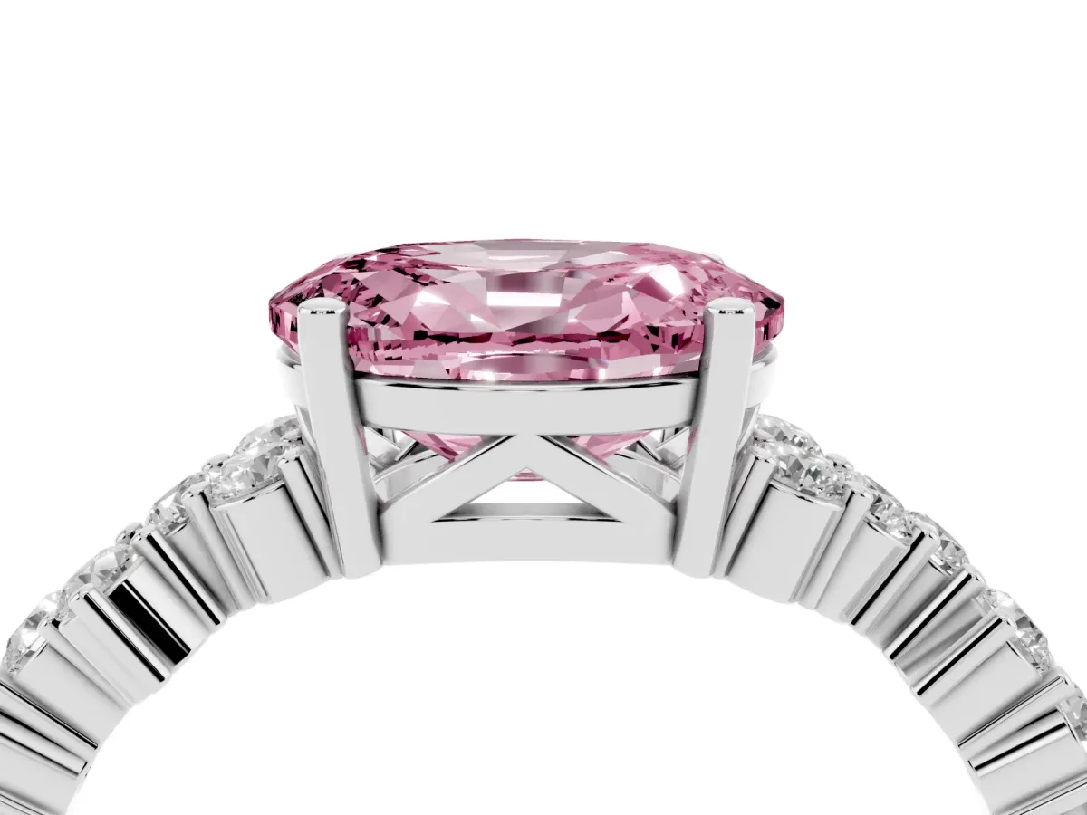 Fancy Pink Oval Cut Diamond Scattered Round Accent Ring with Prong Setting Platinum
