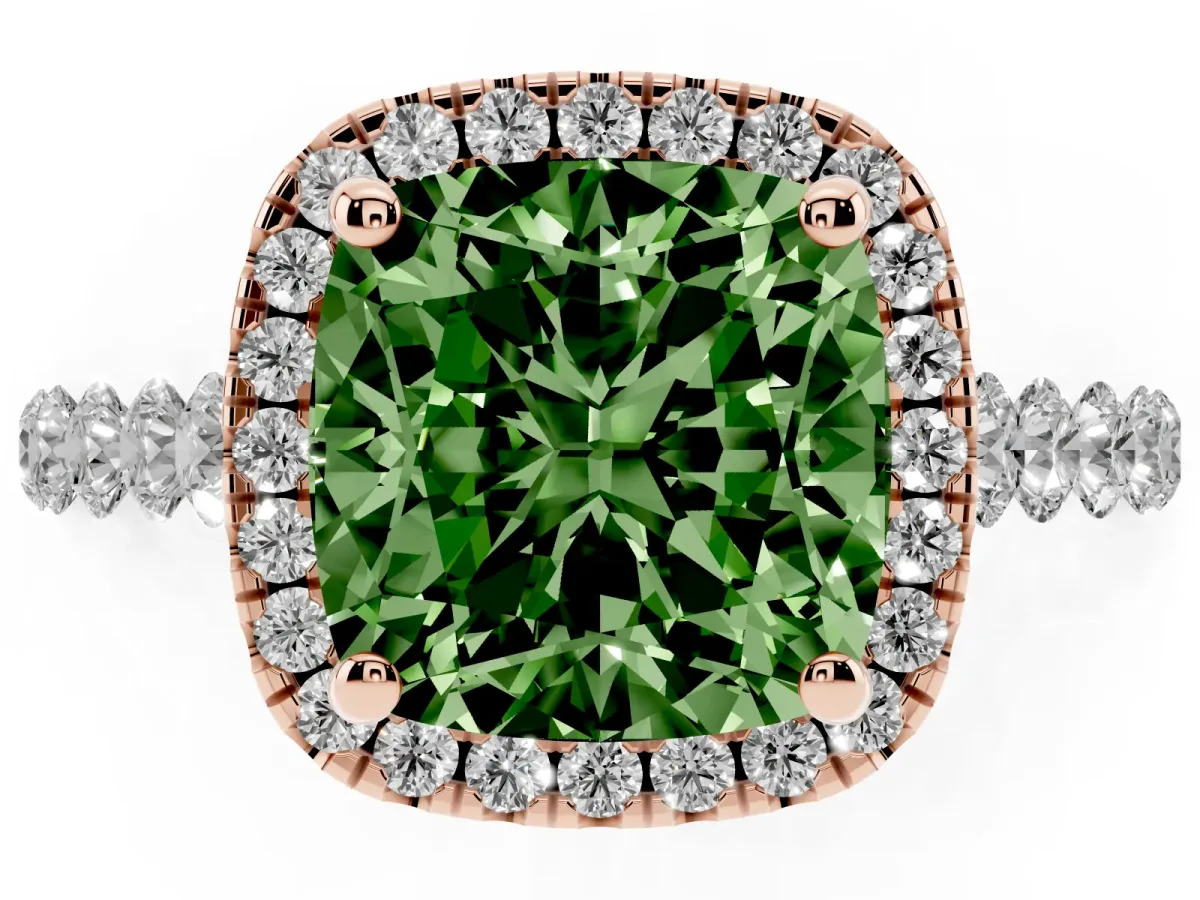 Fancy Green Cushion Cut Halo Pavé Diamond Engagement Ring with Four-Prong Setting Rose gold