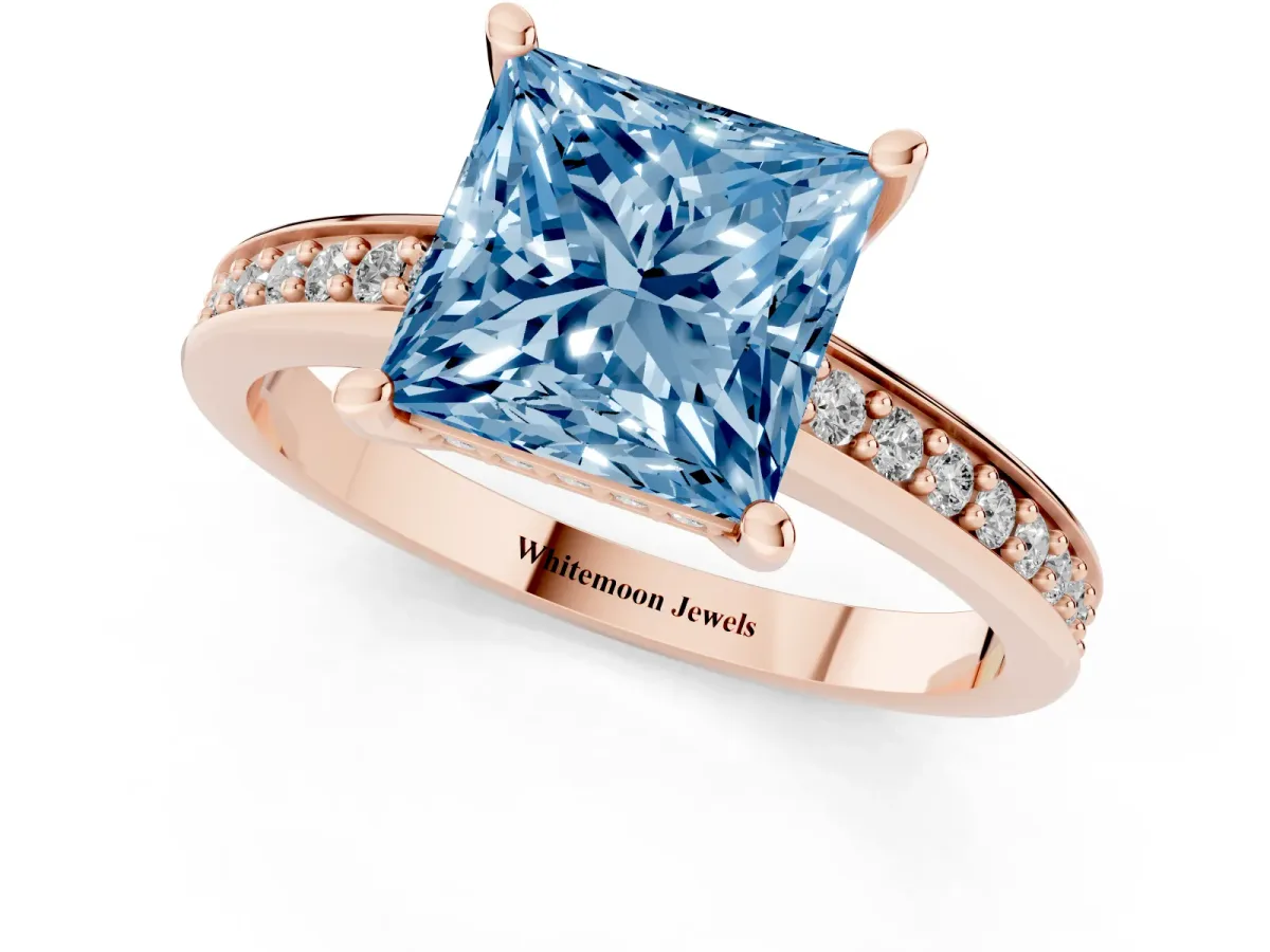 Fancy Blue Princess Cut Solitaire Pavé Band Prong Setting Ring Rose gold