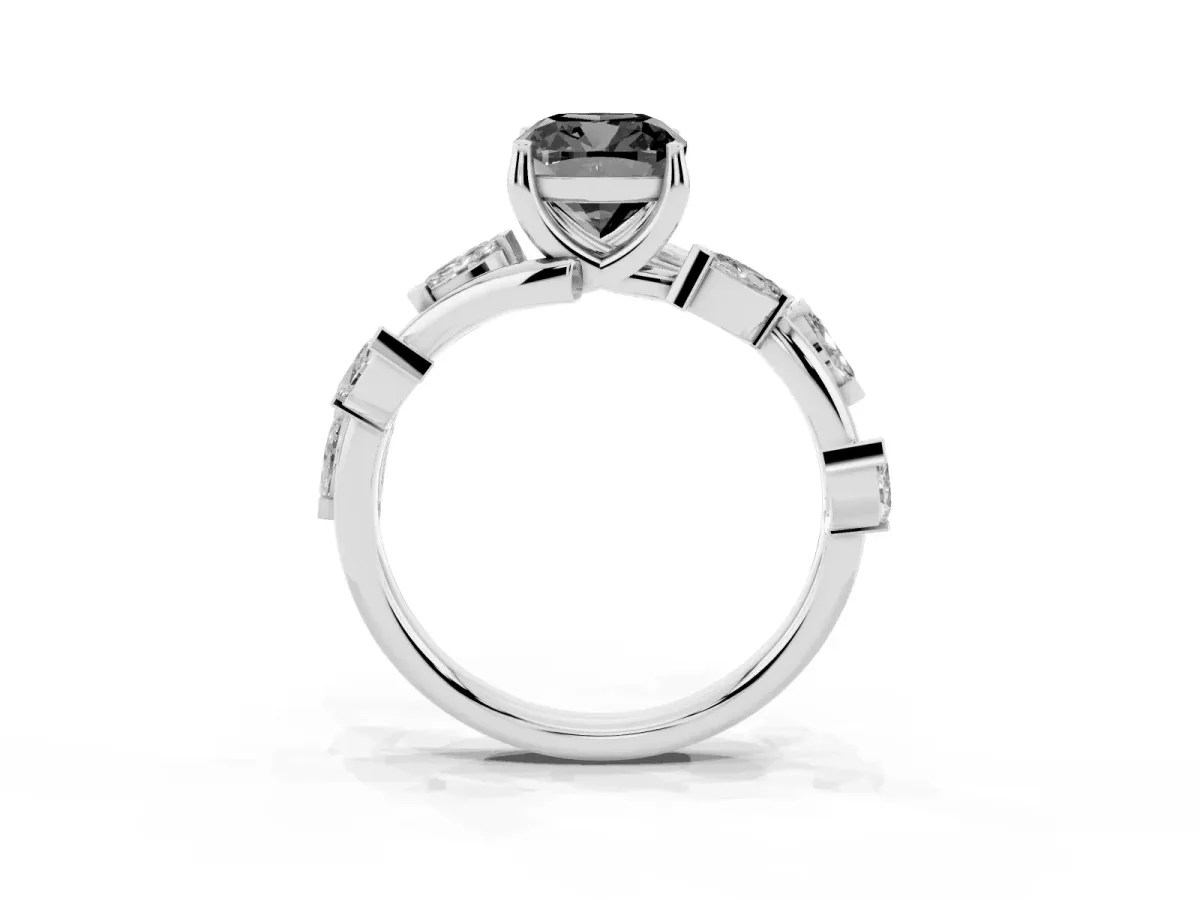 Fancy Black Cushion Cut Solitaire Twisted Band Marquise Accent Prong Setting Ring Platinum