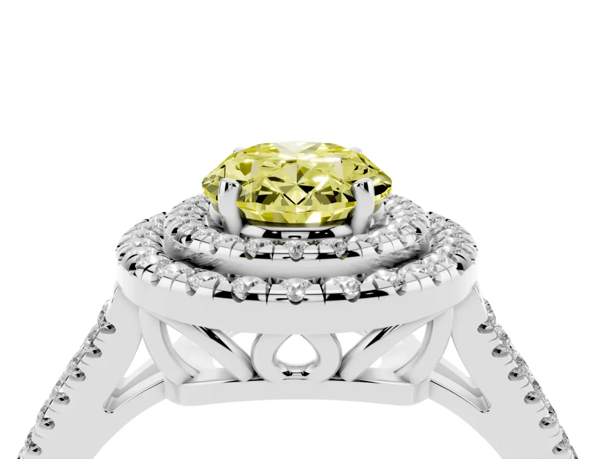Fancy Yellow Oval Cut Diamond Double Halo Ring with Pavé Band and Prong Setting Platinum