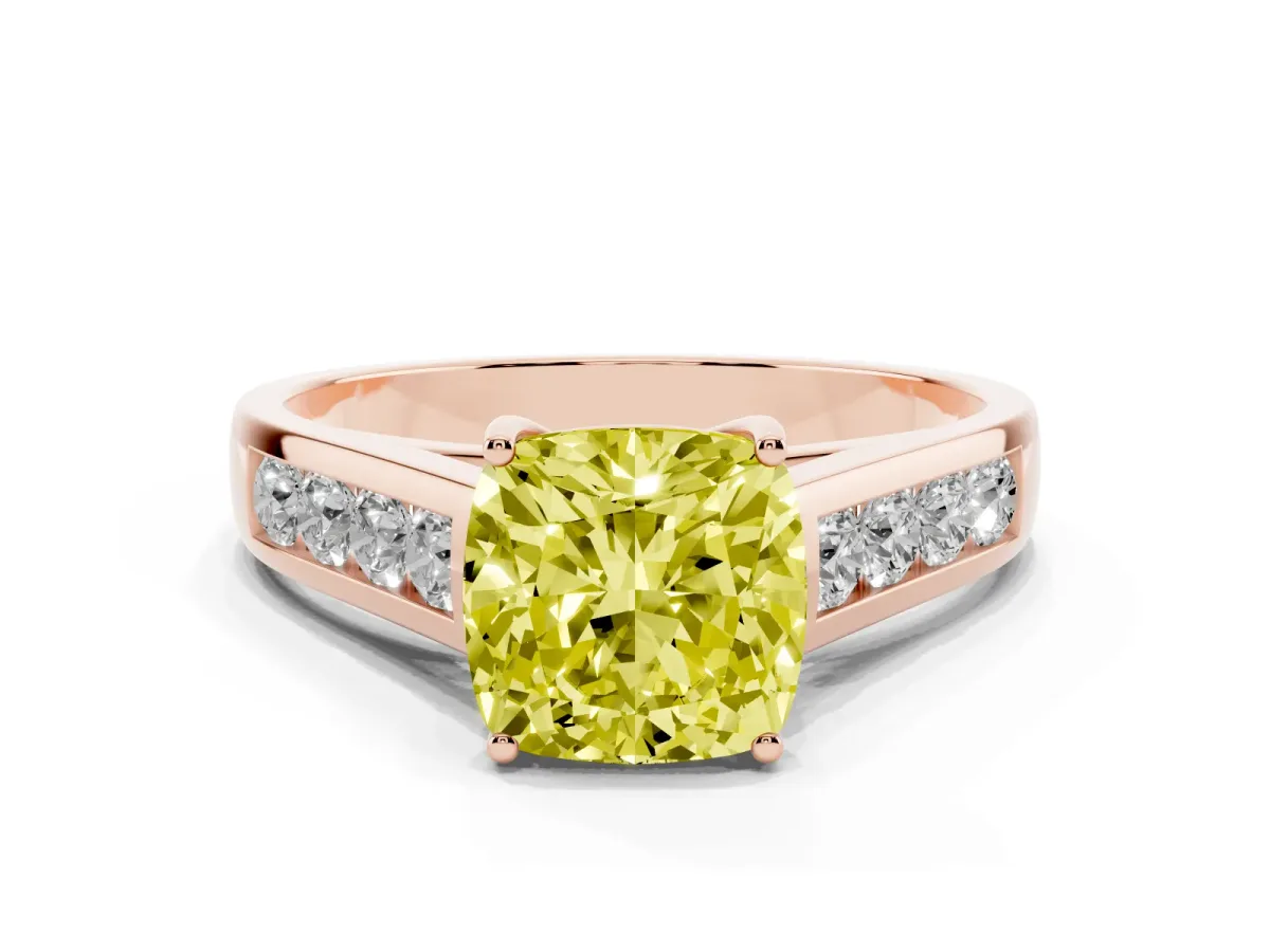 Fancy Yellow Cushion Cut Brilliant Channel-Set Solitaire Ring with Four-Prong Setting Rose gold