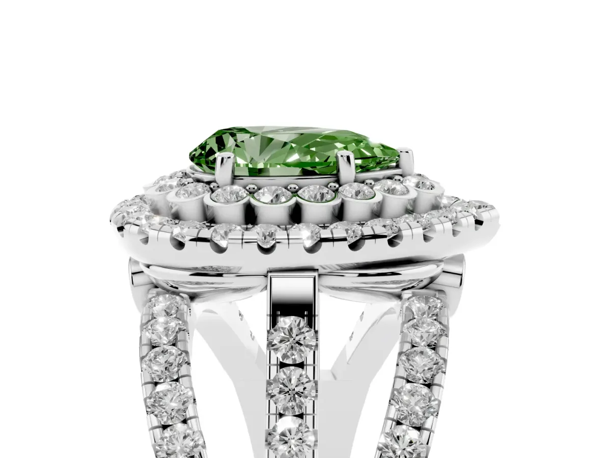 Fancy Green Pear Cut Diamond Double Halo Ring with Round Pavé Split Shank and Prong Setting Silver