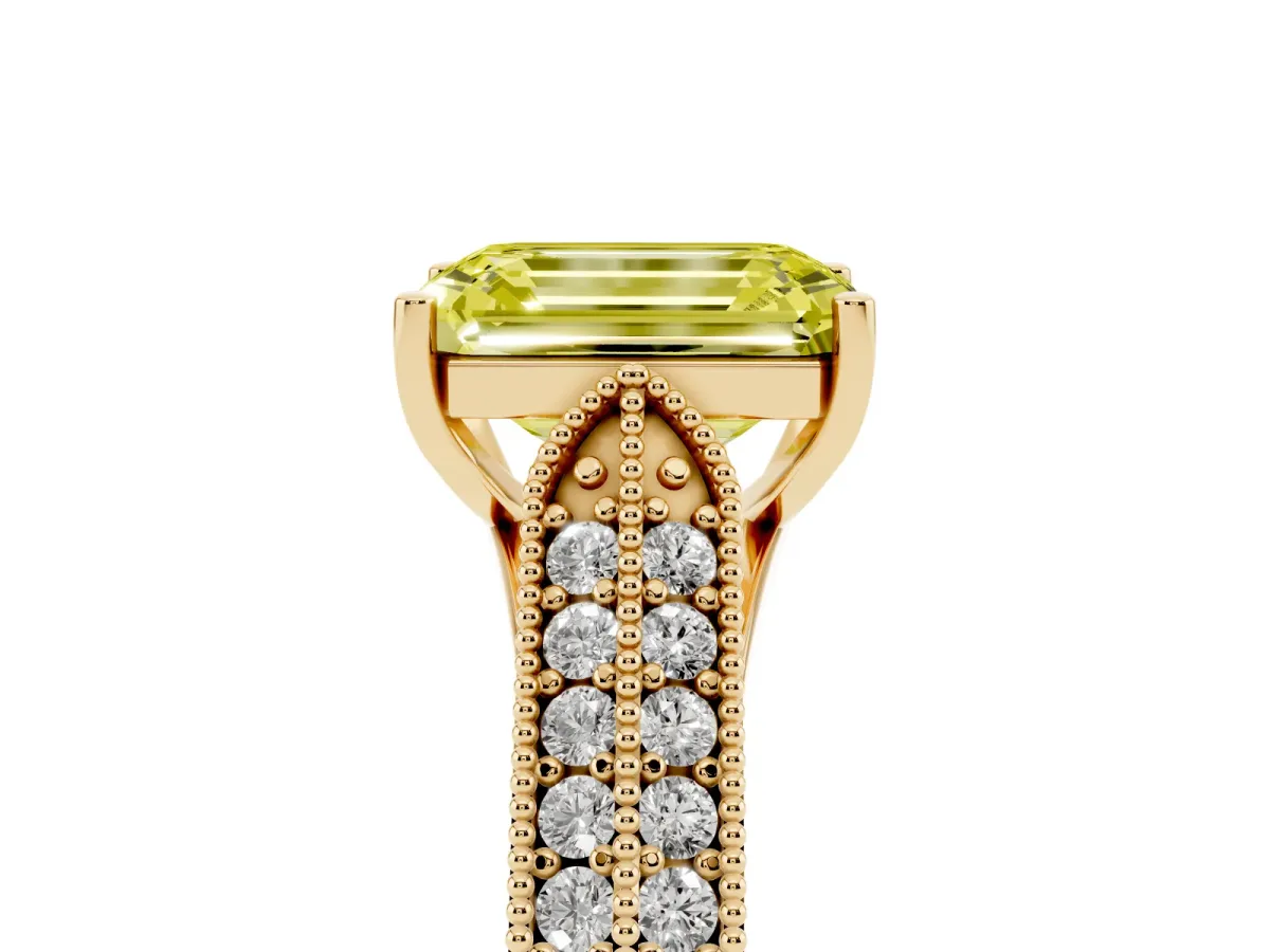 Fancy Yellow Emerald Cut Cut Pave Split Shank Engagement Ring with Four-Prong Setting Yellow gold