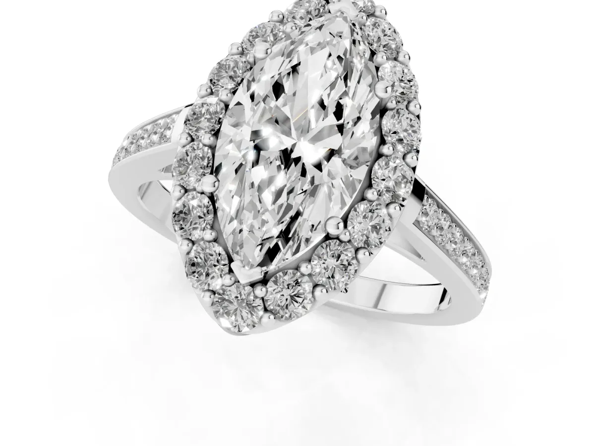 Marquise Cut Diamond Floral Halo Ring with Pavé Band and Prong Setting Platinum