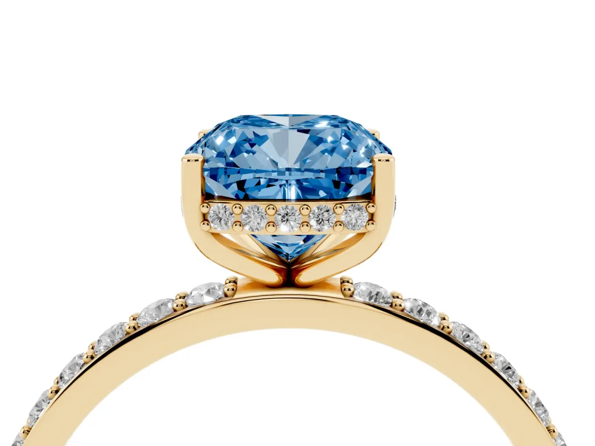Fancy Blue Cushion Cut Diamond Solitaire Ring with Pavé Band and Hidden Halo Yellow gold