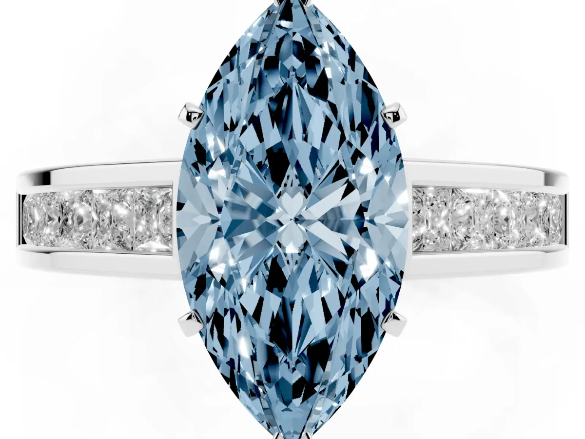 Fancy Blue Marquise Cut Solitaire Diamond Ring with Channel-Set Band and Four-Prong Setting Silver