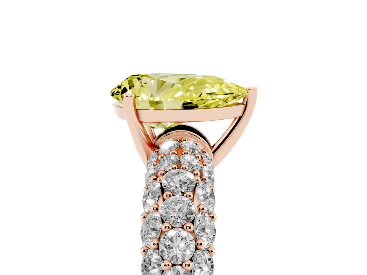 Fancy Yellow Pear Cut Diamond Pavé Band Solitaire Ring with Four-Prong Setting Rose gold