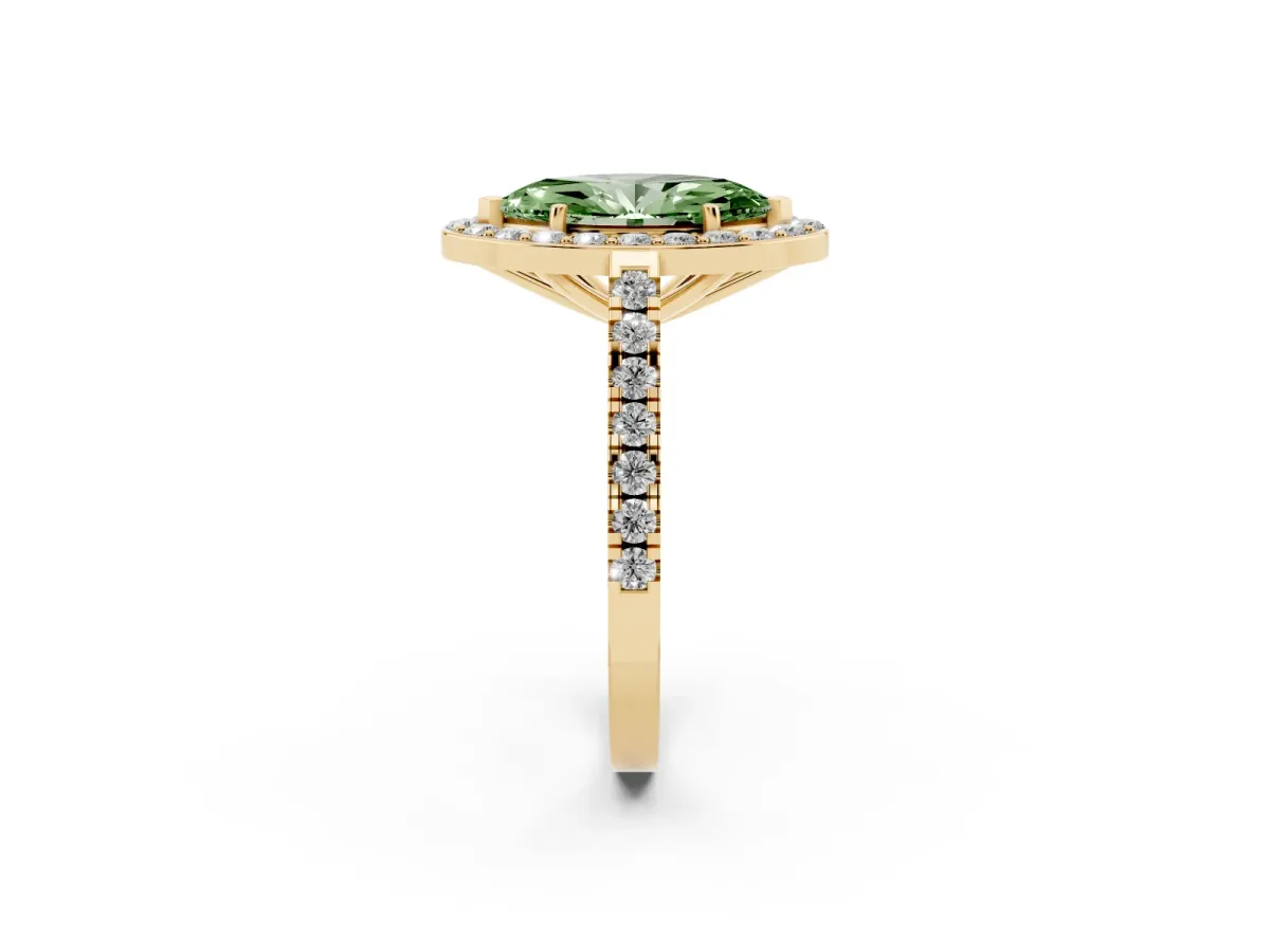Fancy Green Marquise Cut Diamond Halo Ring with Round Pavé Split Shank and Prong Setting Yellow gold