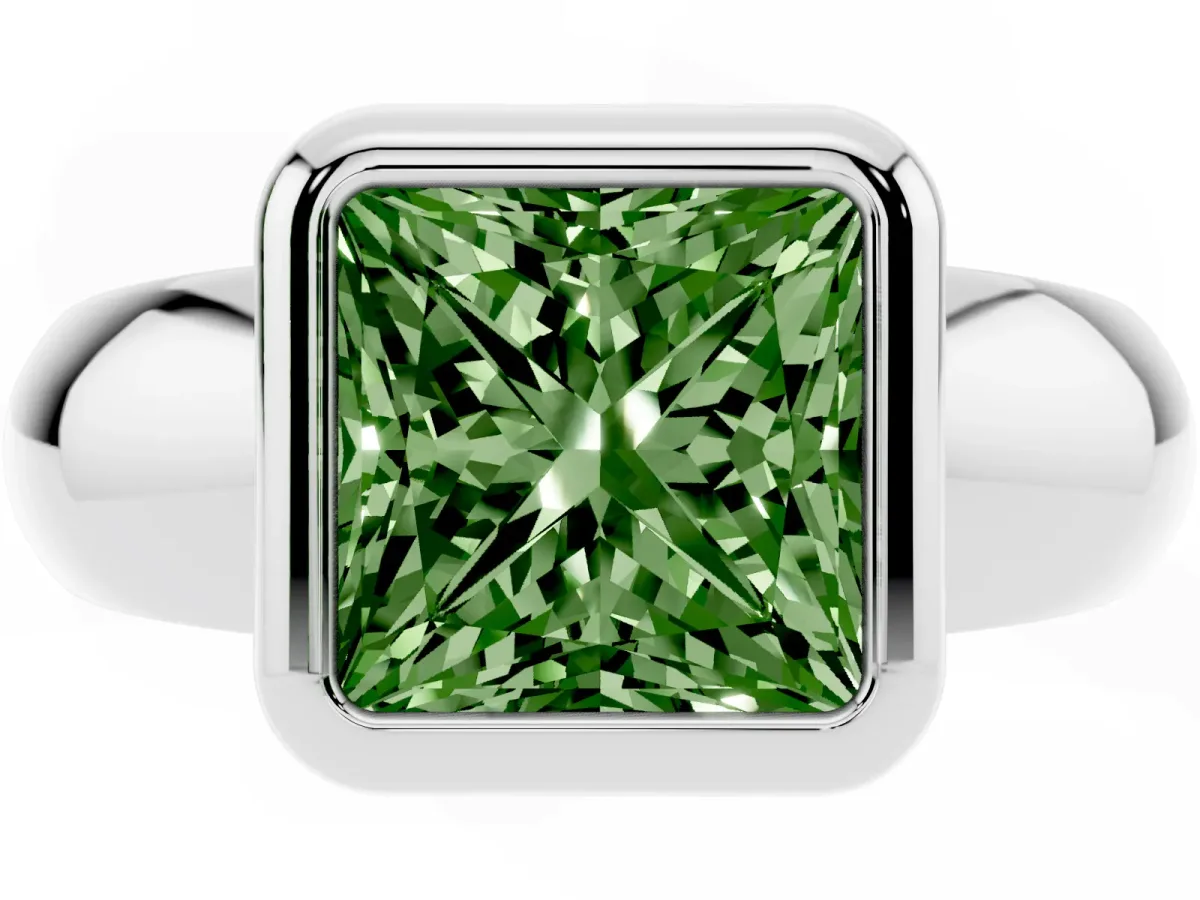 Fancy Green Bezel Set Princess Cut Solitaire Ring with Wide Band Platinum