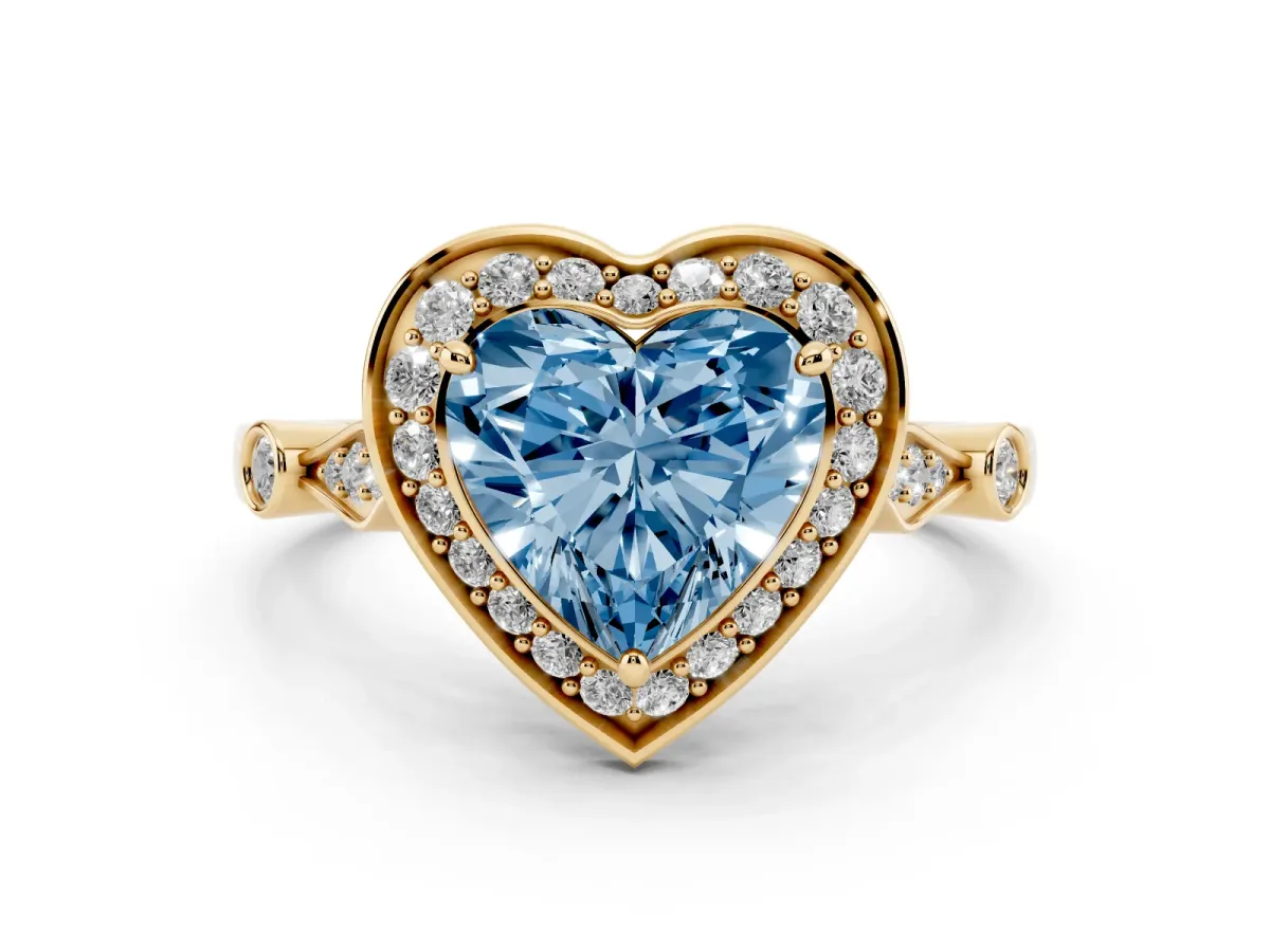 Fancy Blue Heart Cut Halo Diamond Engagement Ring with Twisted Band and Four-Prong Setting Yellow gold