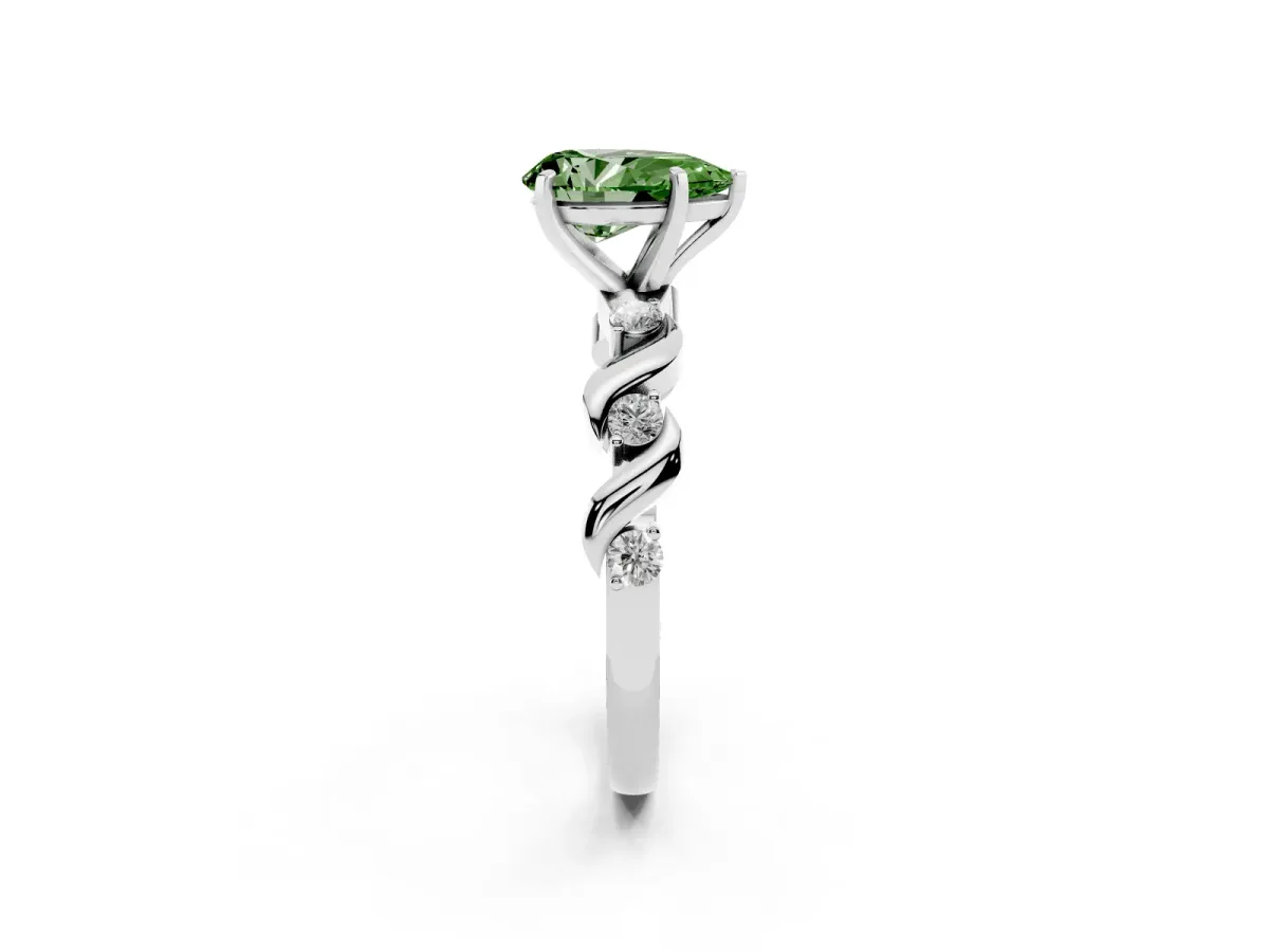 Fancy Green Pear Cut Diamond Solitaire Twisted Band with Round Accents and Prong Setting Platinum