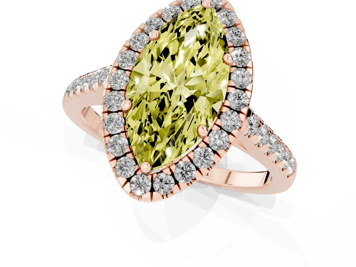 Fancy Yellow Marquise Cut Halo Pave Diamond Engagement Ring with Four-Prong Setting Rose gold