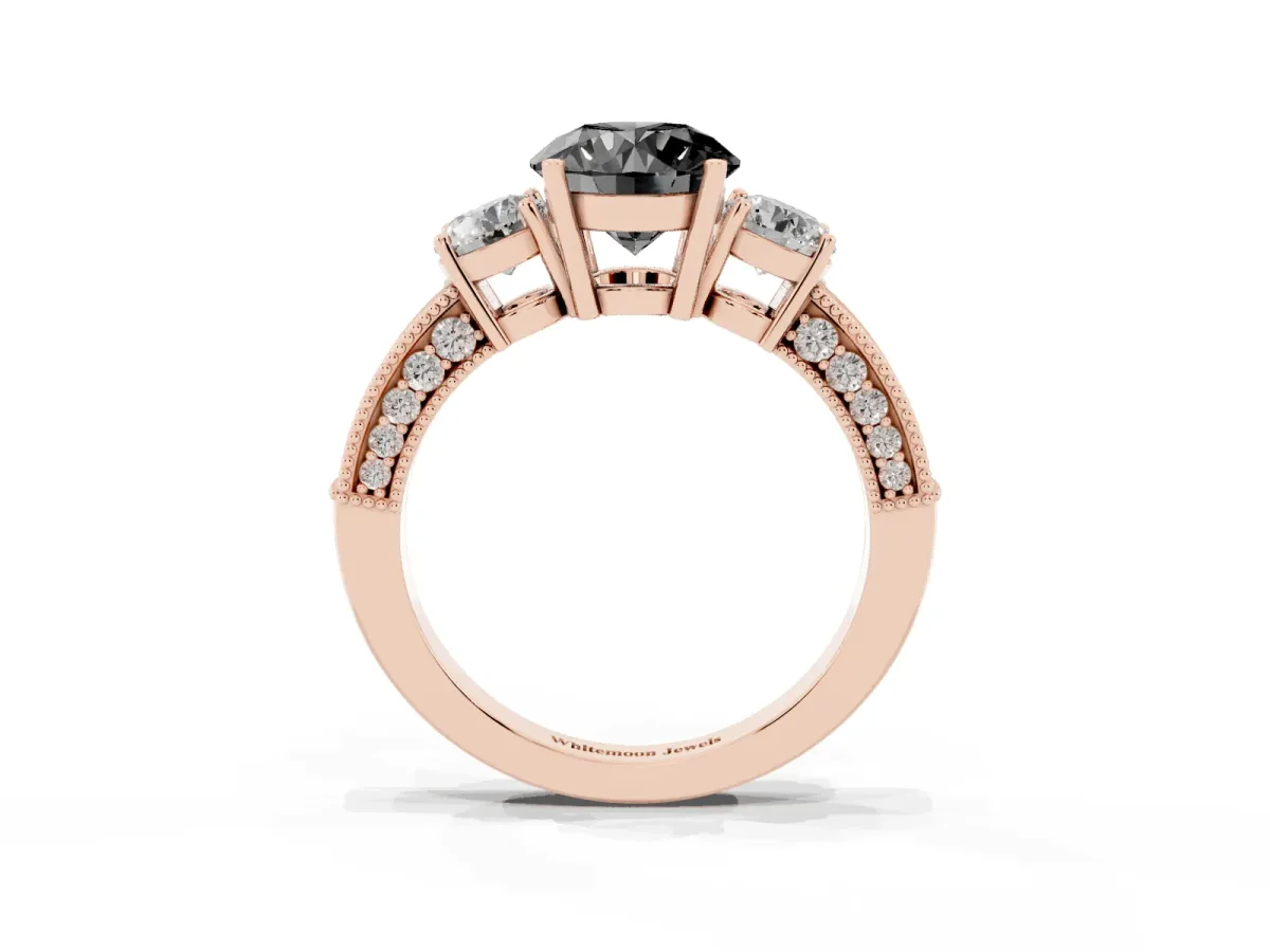 Fancy Black Round Cut Three-Stone Diamond Ring with Pavé Band and Four-Prong Setting Rose gold