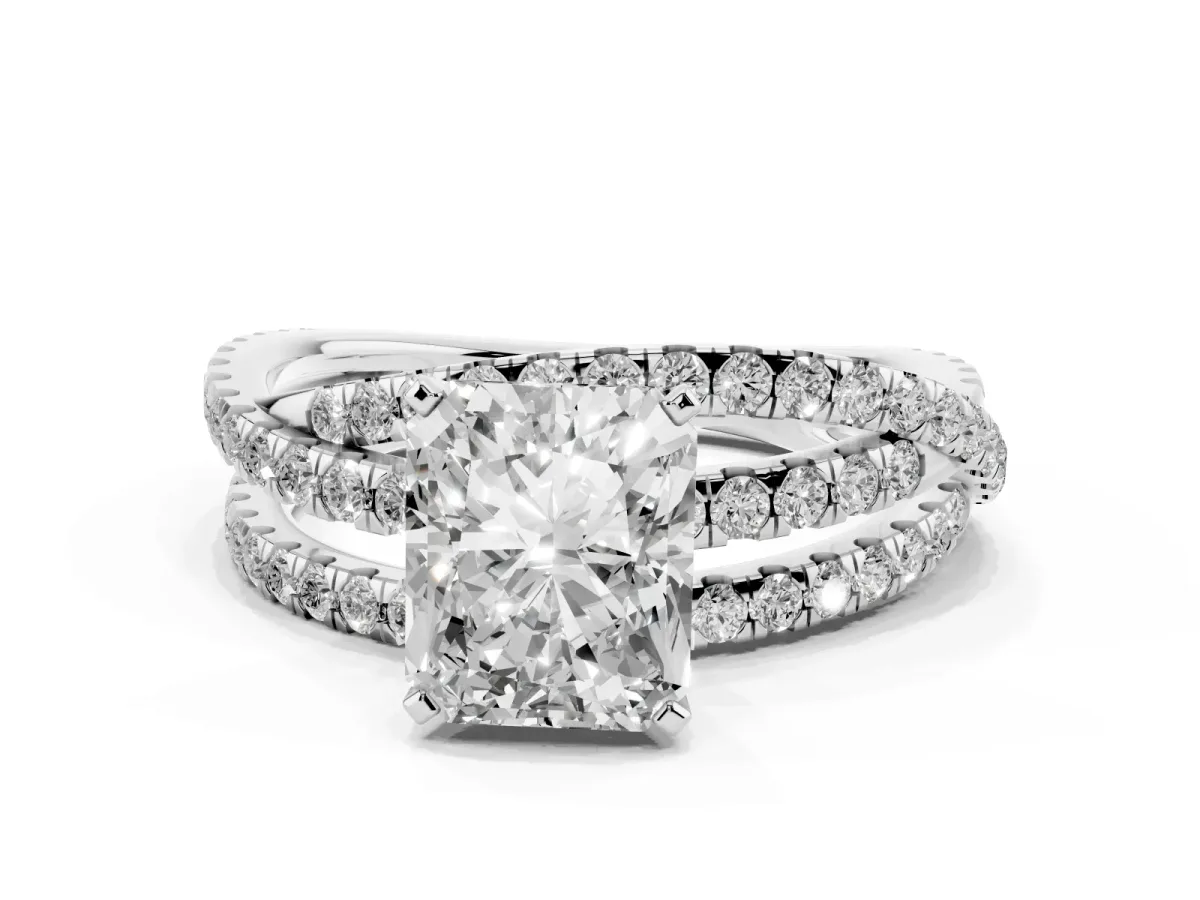 Radiant Cut Solitaire Twist Band with Pavé Setting and Four-Prong Setting Silver