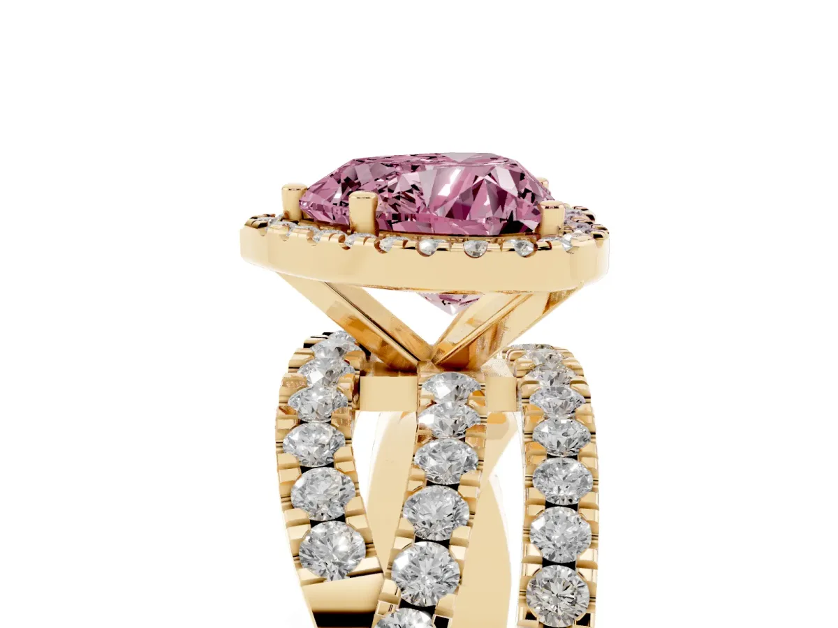Fancy Pink Heart Cut Diamond Halo Ring with Round Split Shank and Prong Setting Yellow gold