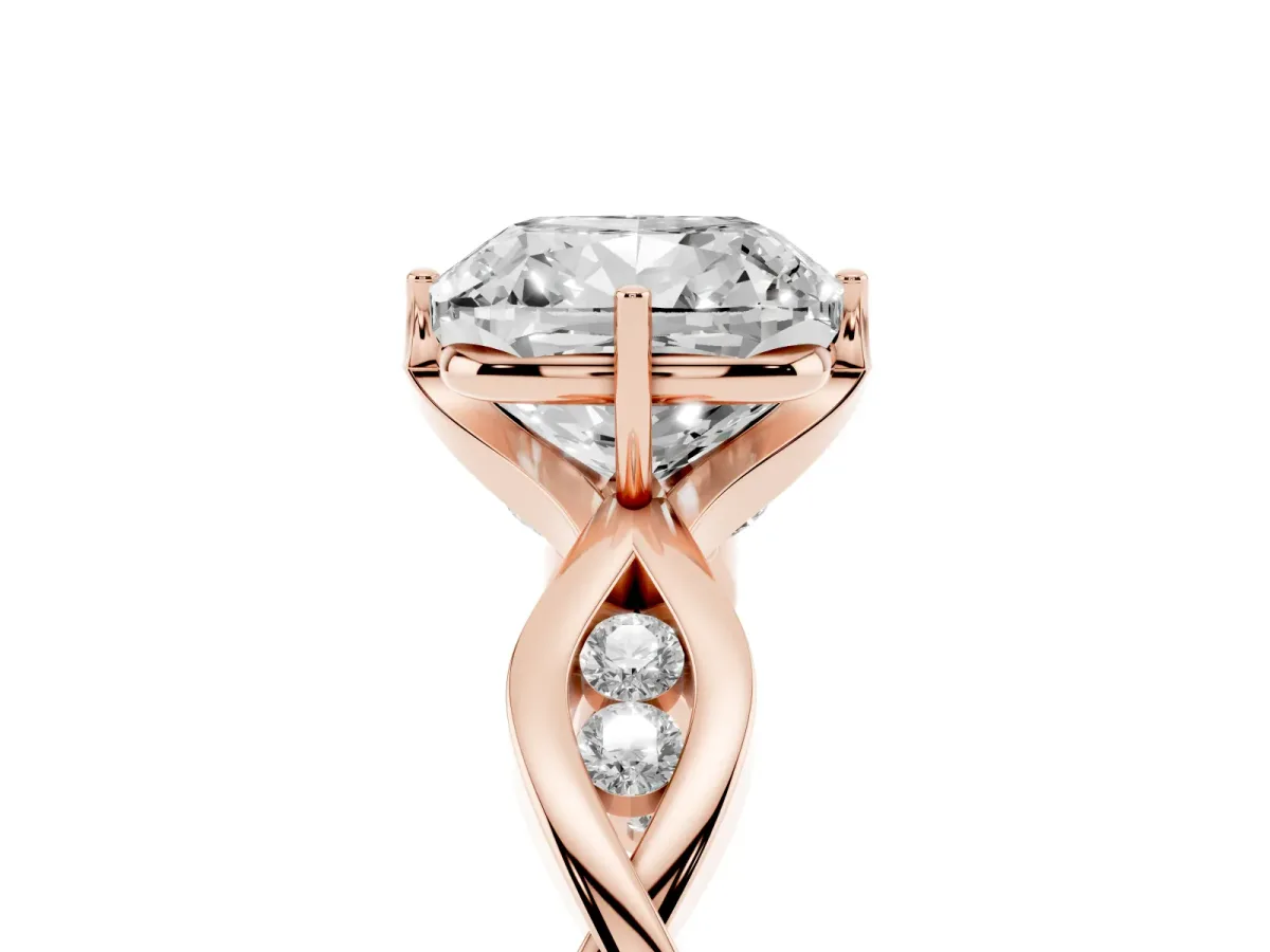 Cushion Cut Solitaire Twist Band with Leaf Prong Setting Rose gold