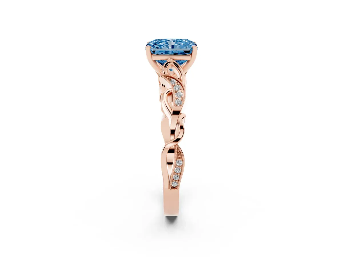 Fancy Blue Radiant Cut Solitaire Vine Band with Milgrain Prong Setting Rose gold