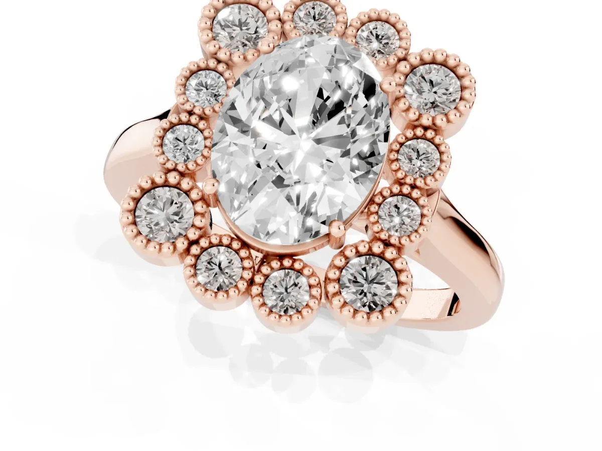 Oval Cut Halo Diamond Cluster Engagement Ring with Milgrain Bezel Setting and Solitaire Band Rose gold