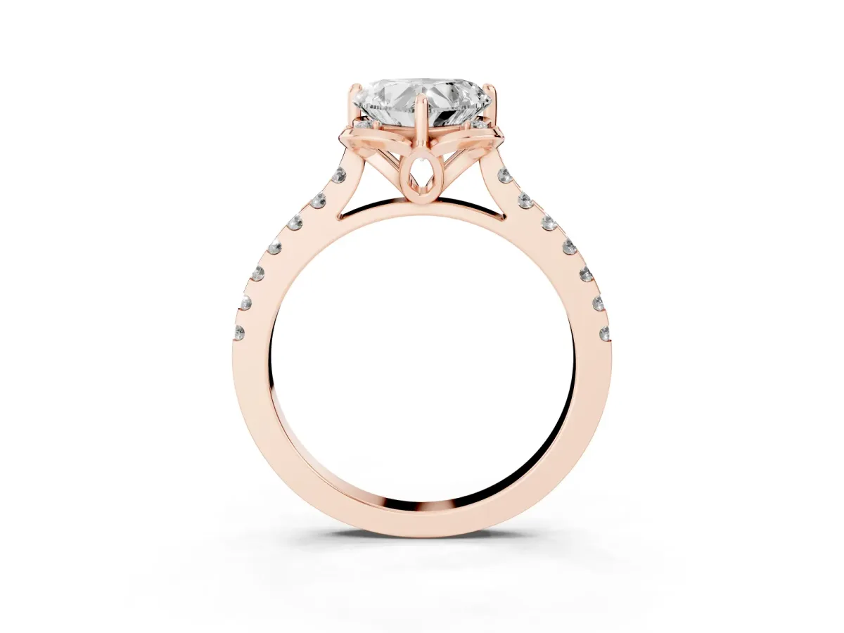 Heart Cut Diamond Ring with Pavé Band and Floral Prong Setting Rose gold