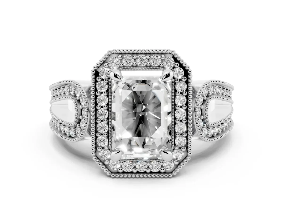 Emerald Cut Halo Split Shank Milgrain Diamond Ring Platinum