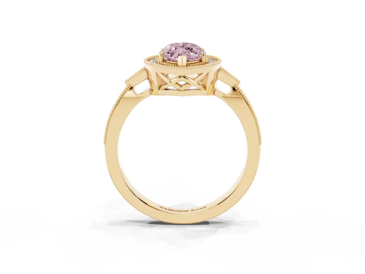 Fancy Pink Marquise Cut Halo Round Diamond Milgrain Pave Engagement Ring Yellow gold