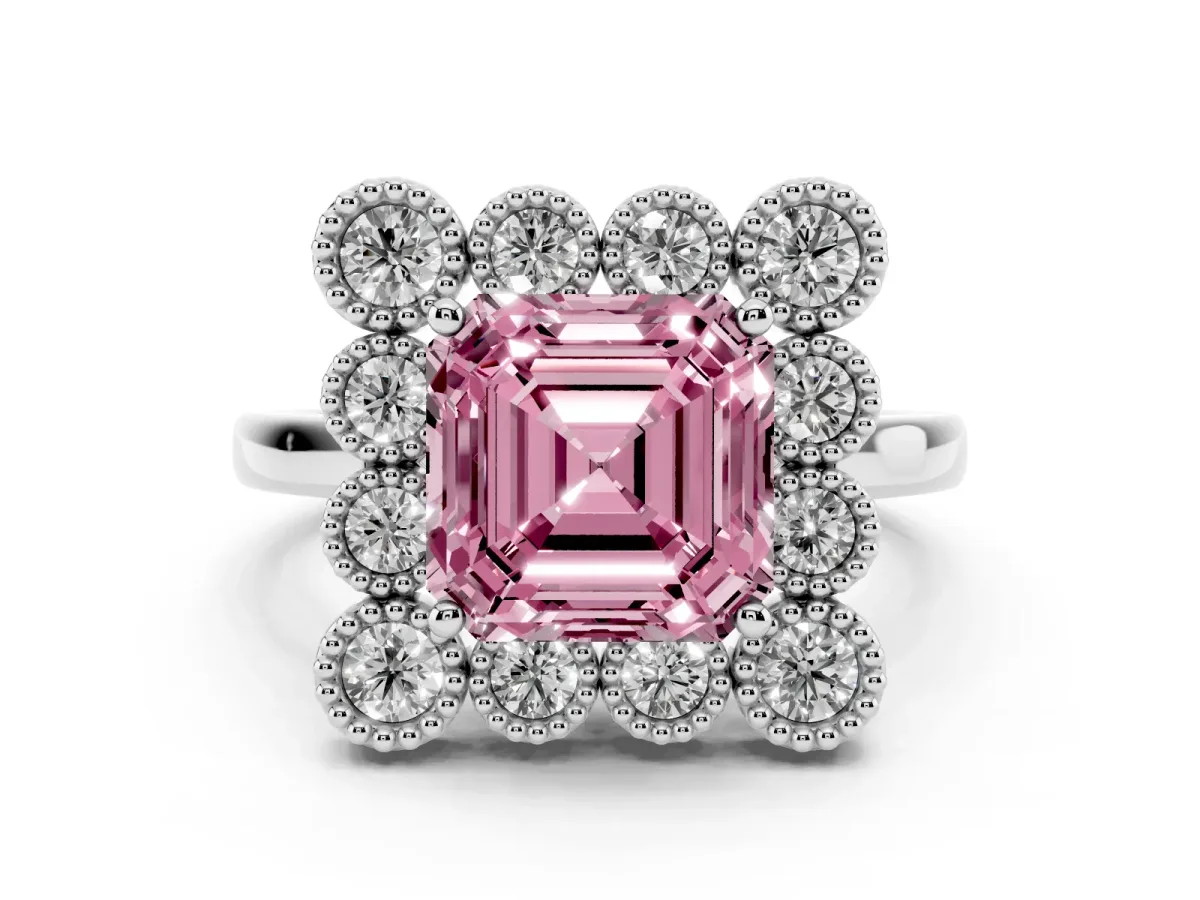 Fancy Pink Asscher Cut Halo Diamond Cluster Engagement Ring with Milgrain Bezel Setting and Solitaire Band Platinum