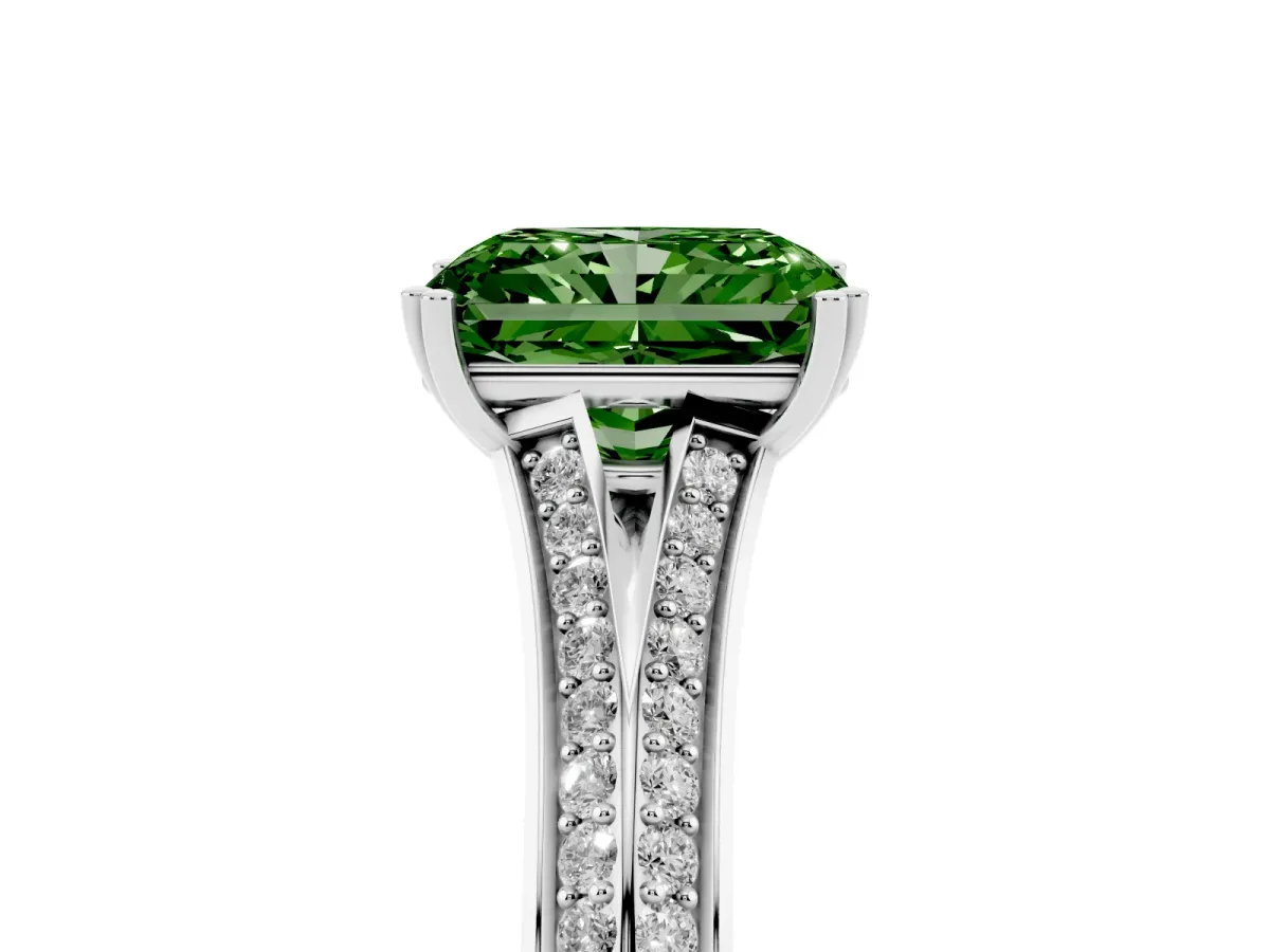 Fancy Green Radiant Cut Diamond Split Shank Engagement Ring with Pavé Band Silver