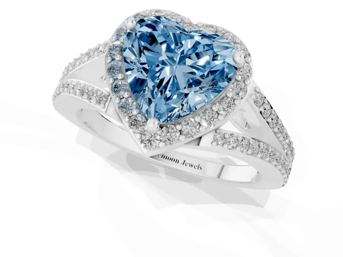 Fancy Blue Heart Cut Halo Split Shank Pave Diamond Ring with Four-Prong Setting Silver