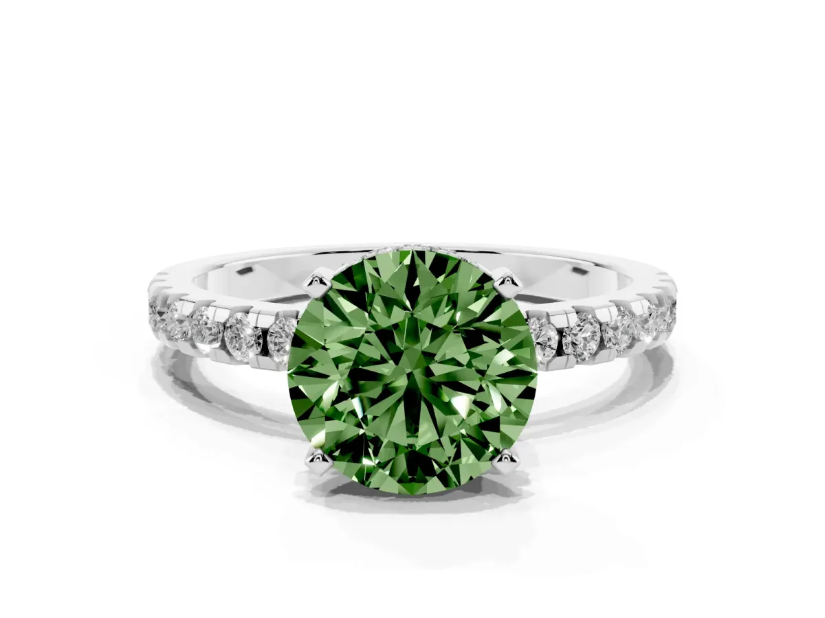 Fancy Green Round Cut Diamond Solitaire Ring with Round Pavé Band and Four-Prong Setting Silver